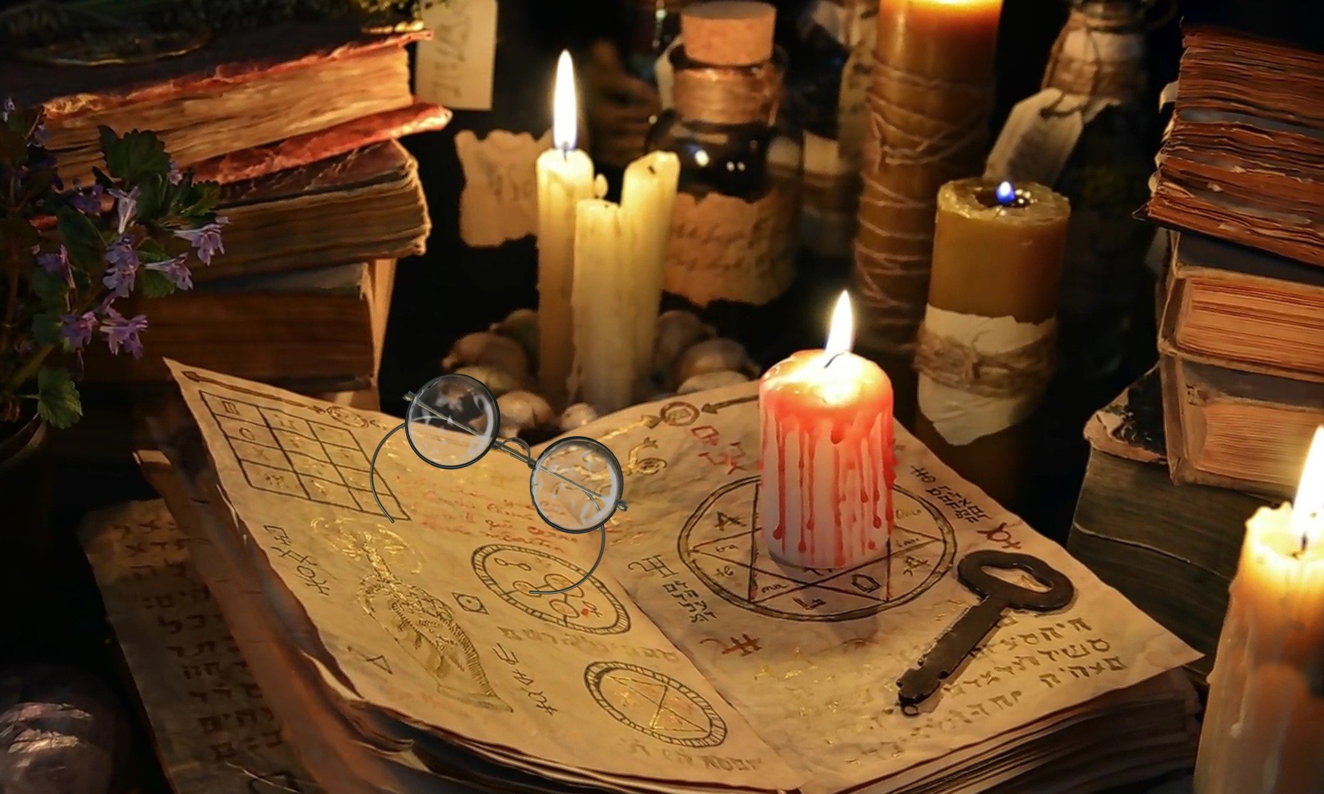 Spooky book open at a page with symbols on it, with a burning candle, old fashioned spectacles and a metal key on top.